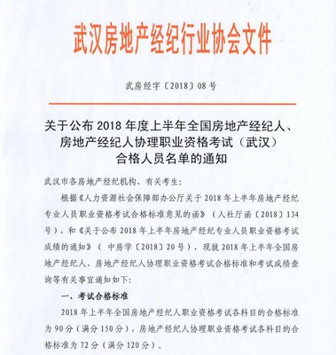 2018上半年全國房地產經紀人、經紀人協理職業資格考試(武漢)合格人員名單